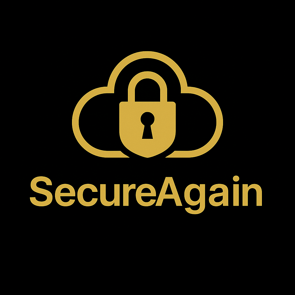 SecureAgain company logo, a shield with a lock